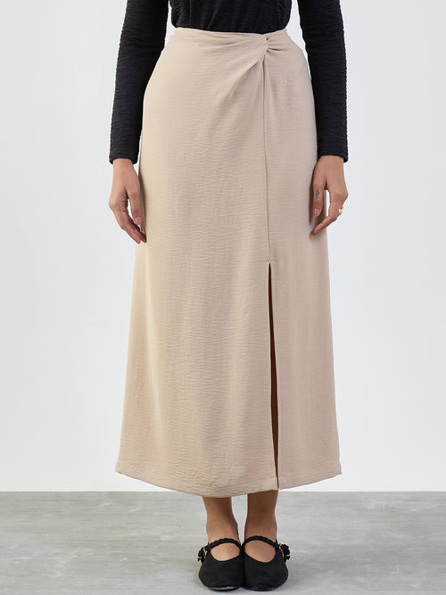 Beige Front Twist Detail Maxi Skirt