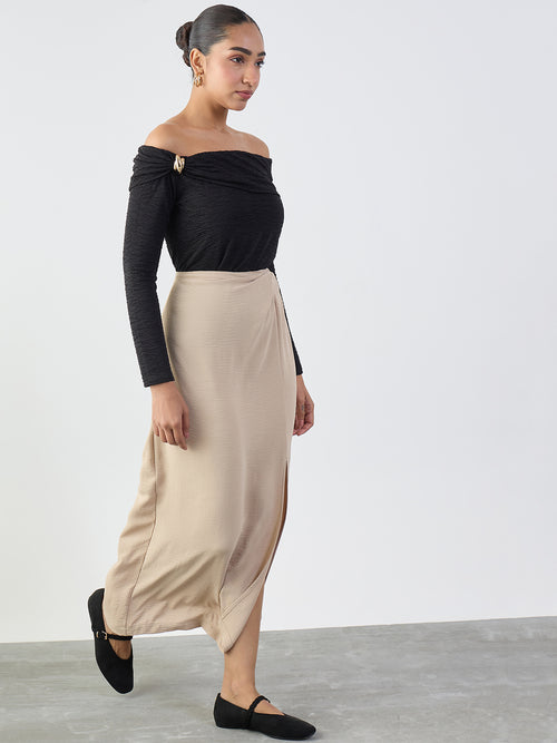 Beige Front Twist Detail Maxi Skirt