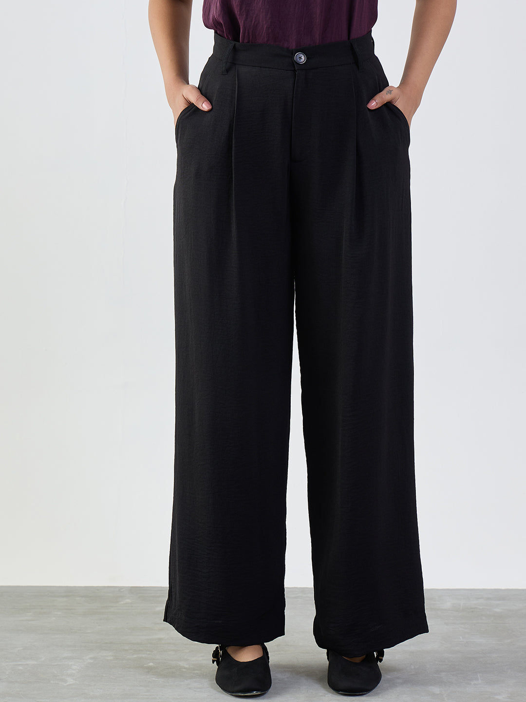 Black Darted Wide Leg Trousers