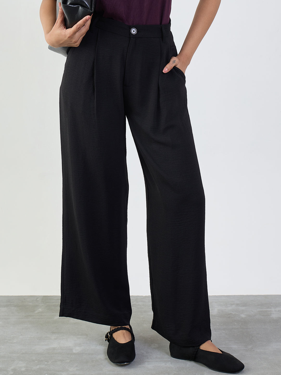Black Darted Wide Leg Trousers