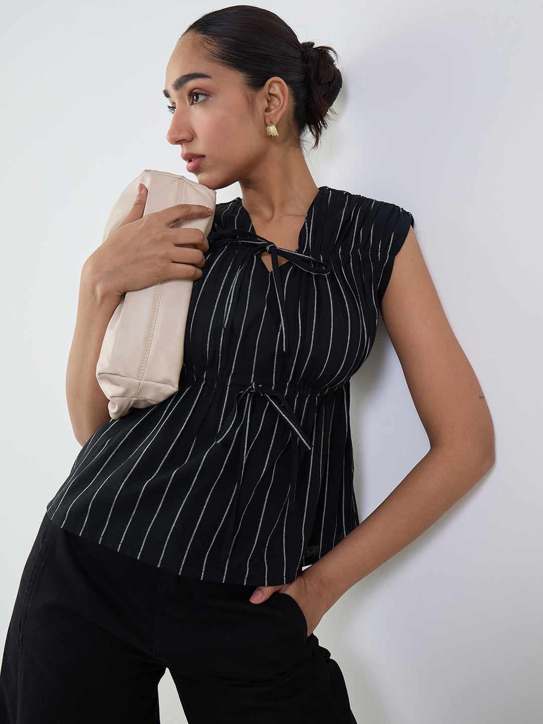 Black Stripe Tie-Up Top