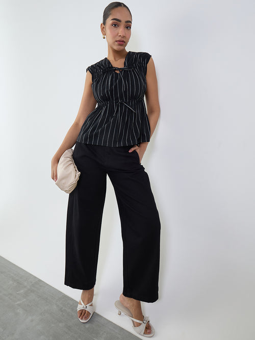 Black Stripe Tie-Up Top