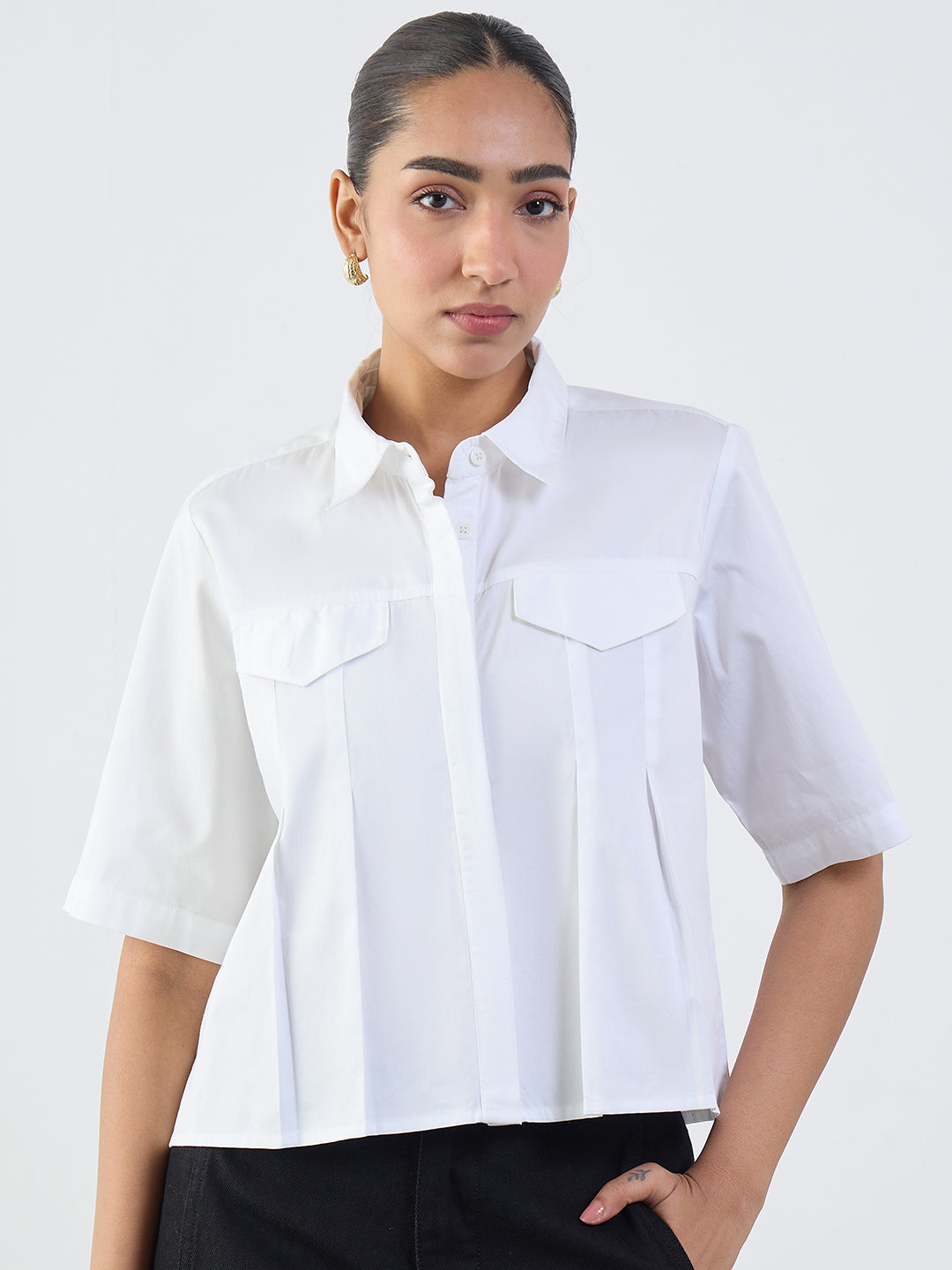 White Cotton Pleated Crop Shirt