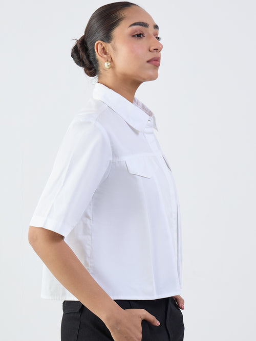 White Cotton Pleated Crop Shirt