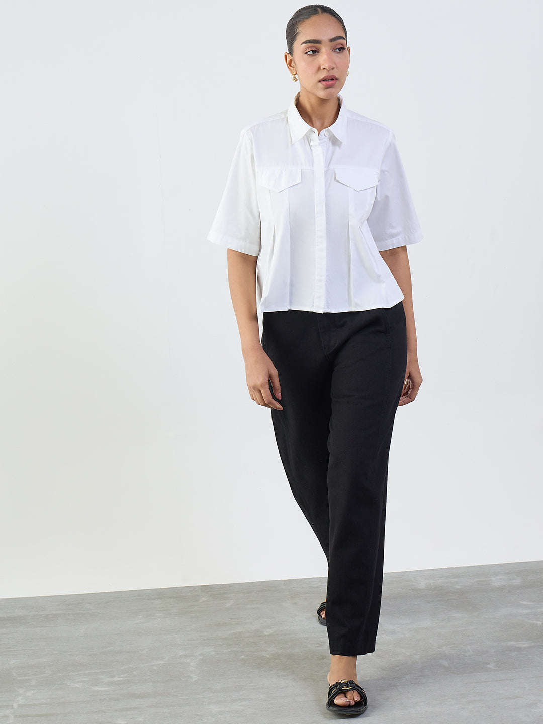 White Cotton Pleated Crop Shirt