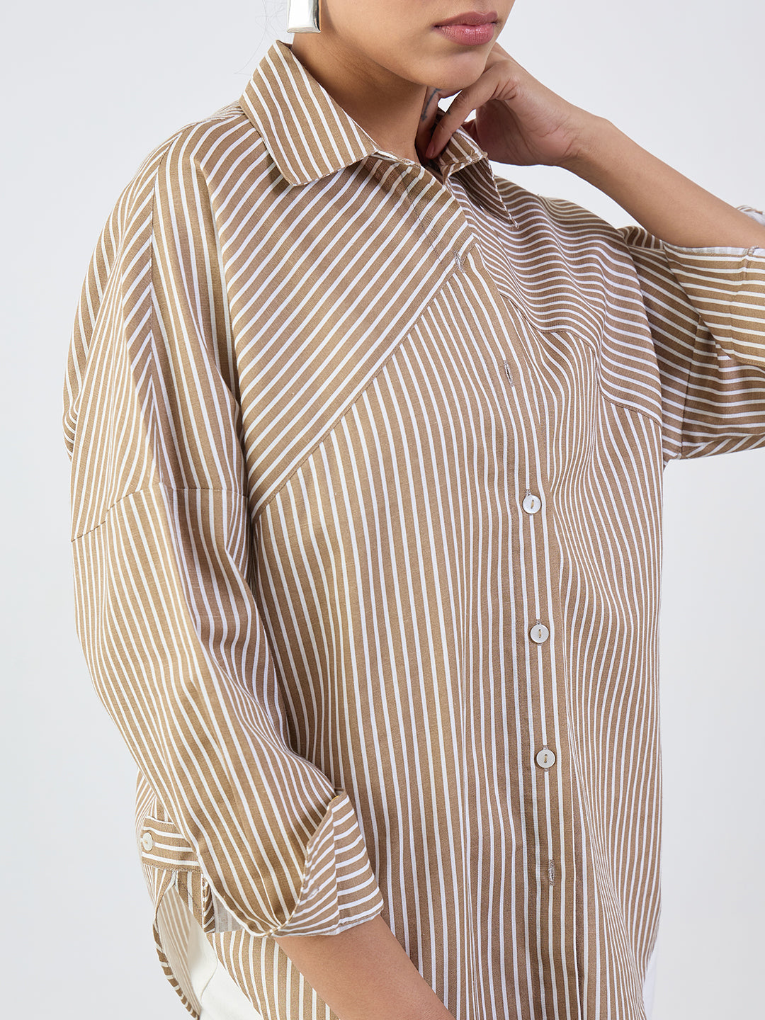 Brown Stripe Cotton Linen Oversized Shirt