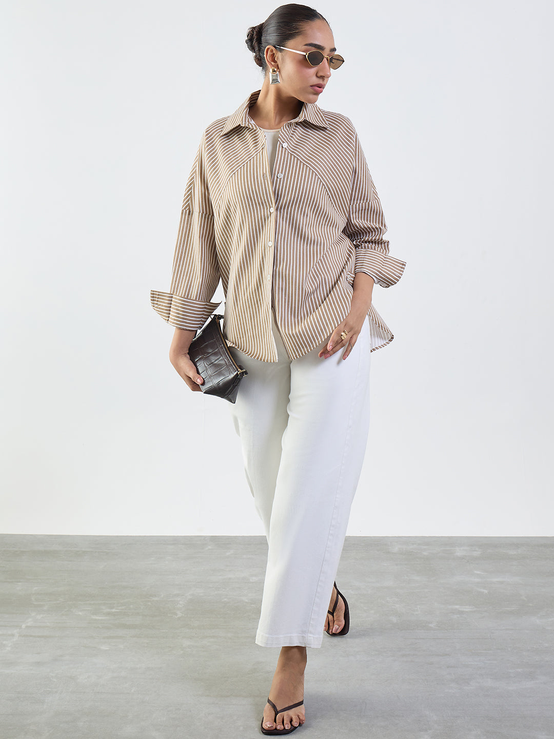 Brown Stripe Cotton Linen Oversized Shirt