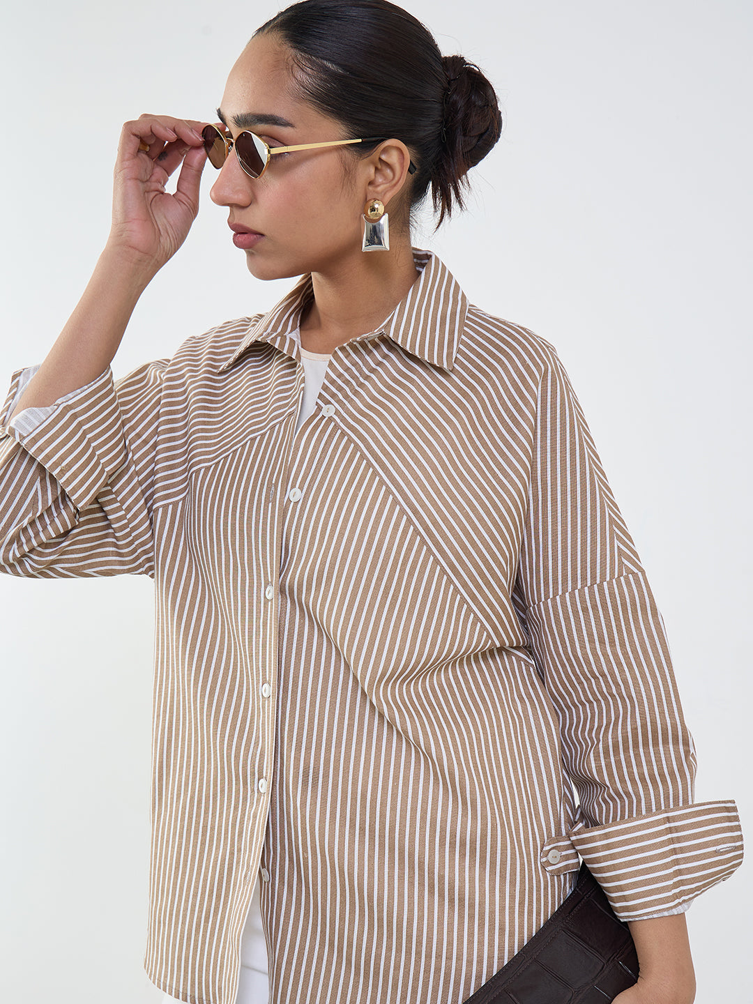 Brown Stripe Cotton Linen Oversized Shirt
