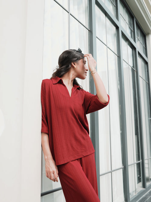 Red Kimono Textured Jersey Co-Ord Set