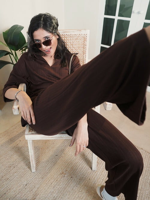 Brown Kimono Textured Jersey Co-Ord Set
