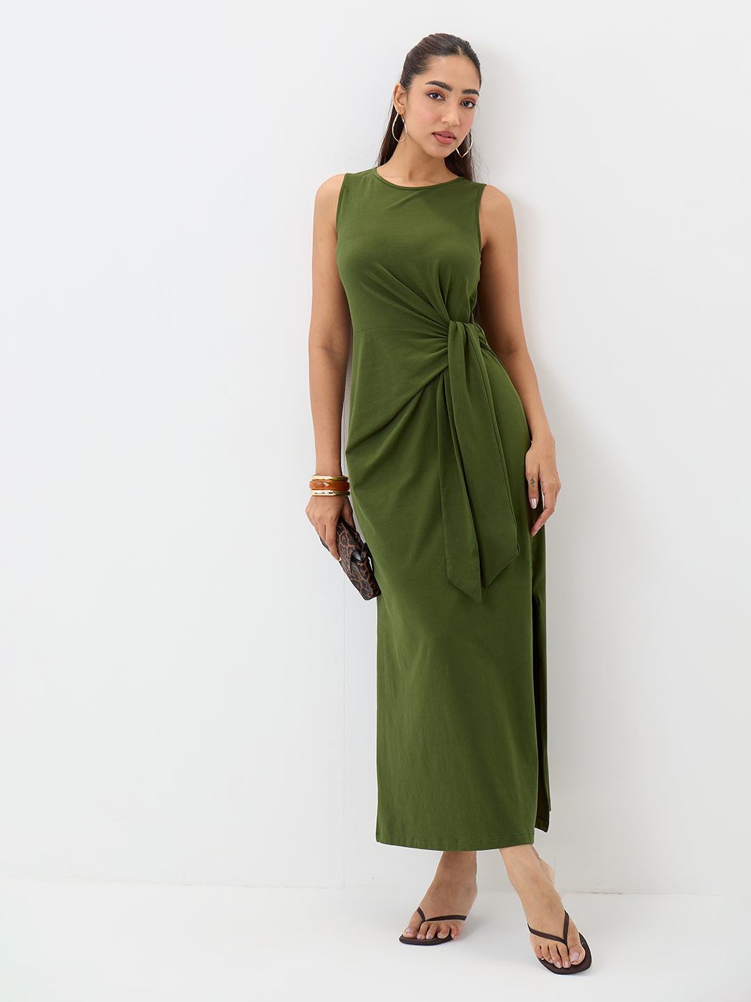 TrueStretch Olive Side Tie-Up Maxi Dress