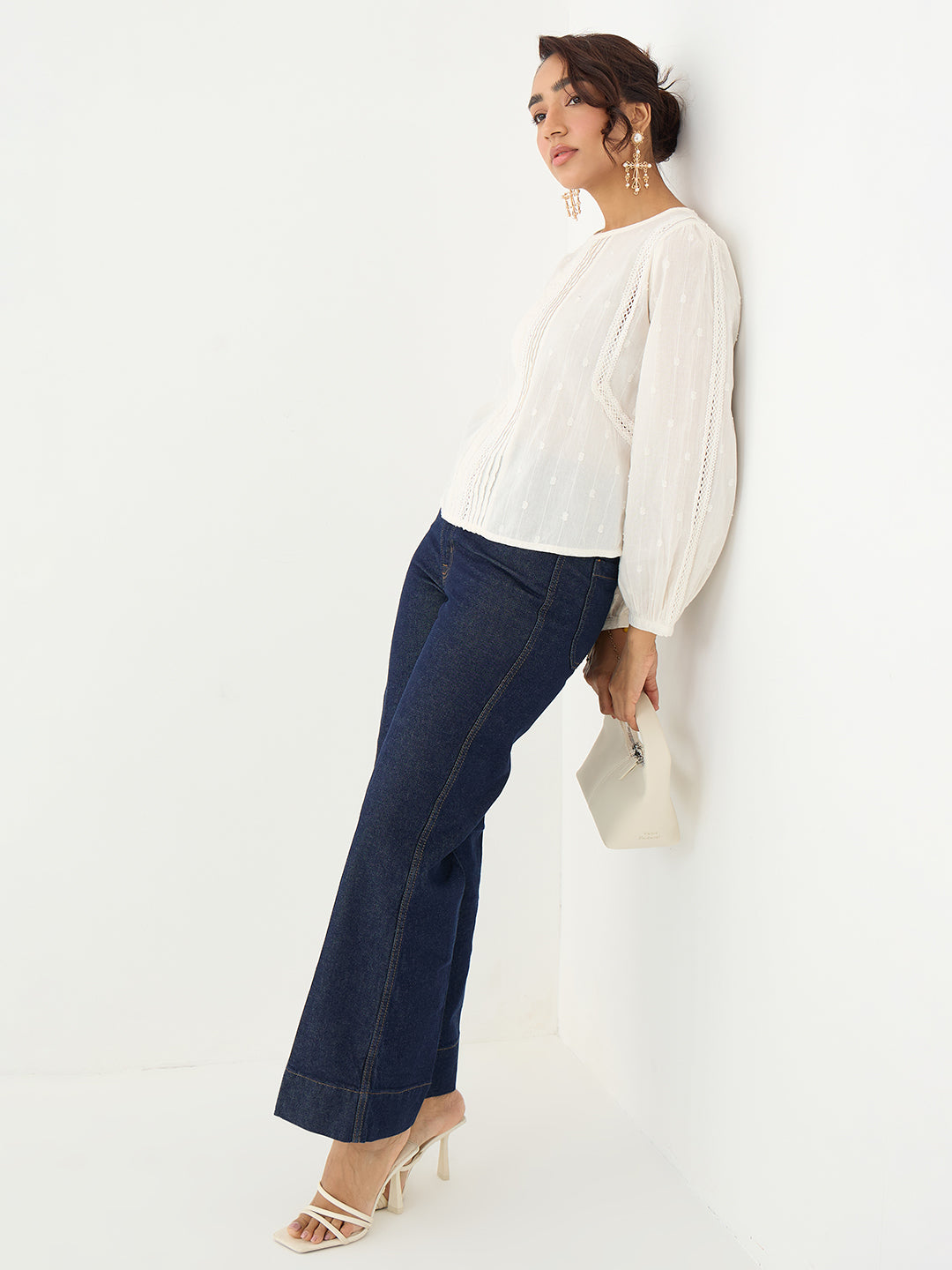 Off-White Lace Insert Pleated Front Top