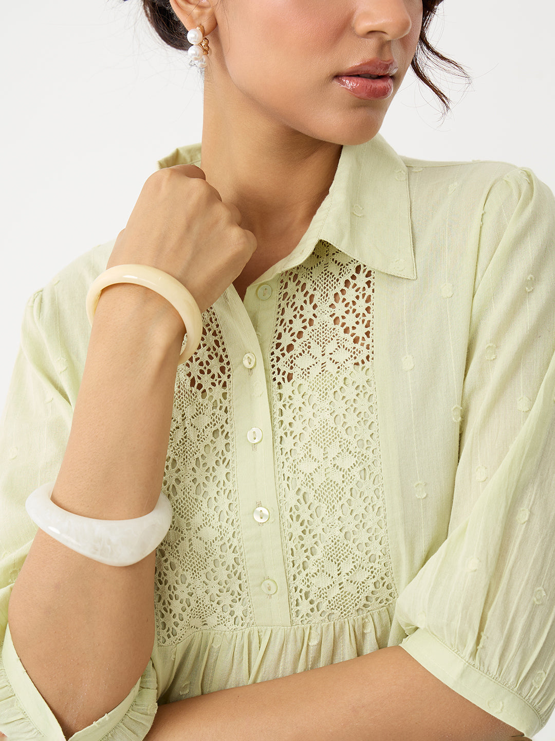 Sage Lace Insert Cotton Dobby Top