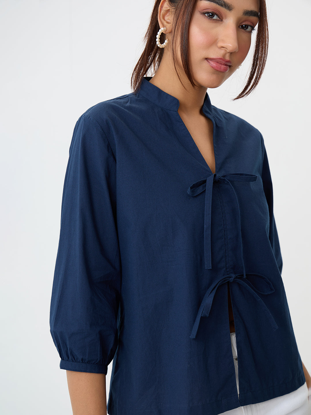 PaperLite Poplin Navy Tie-Up Top