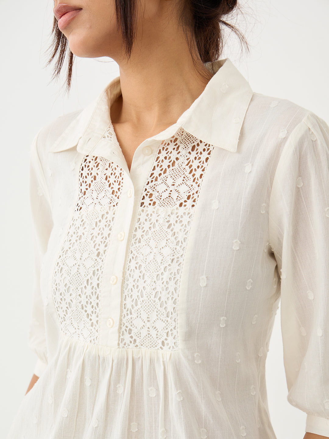 Off-White Lace Insert Cotton Dobby Top