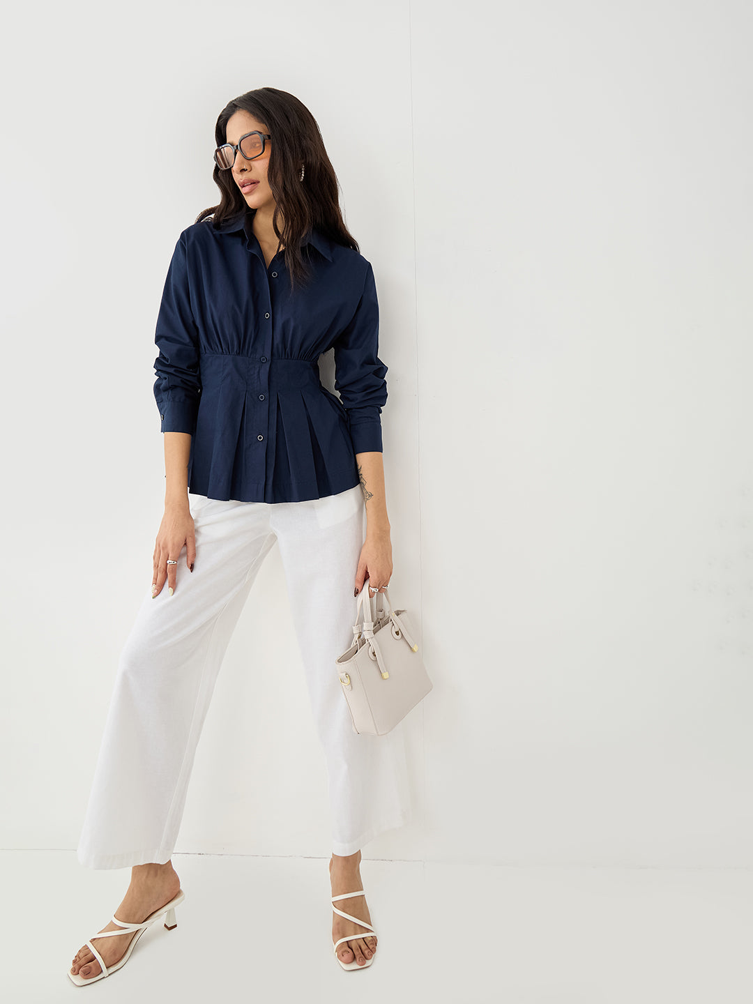 Crispcotton Navy Cinched Waist Shirt