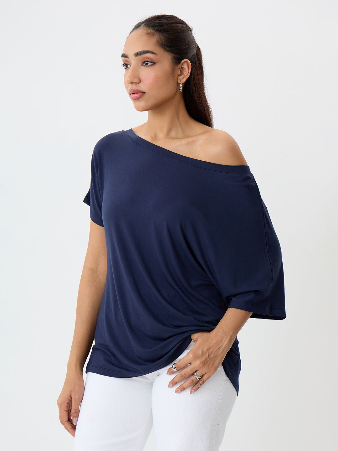 Bamboo Navy One Shoulder Longline Top