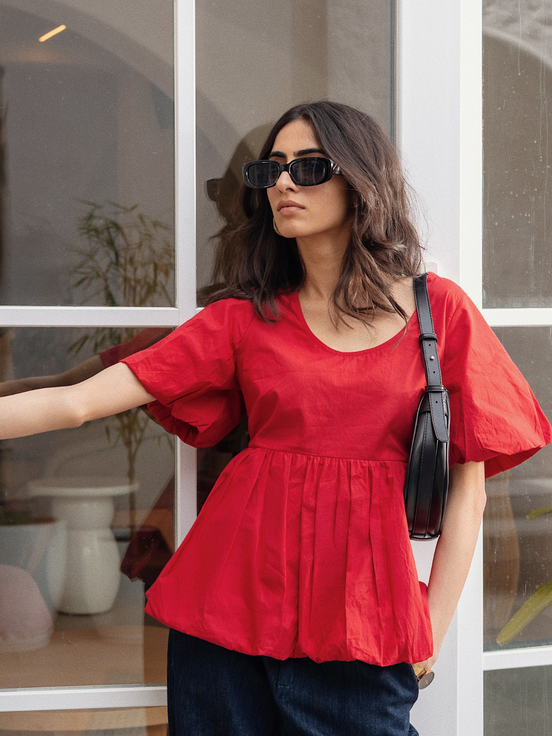 Red Poplin Bubble Hem Top
