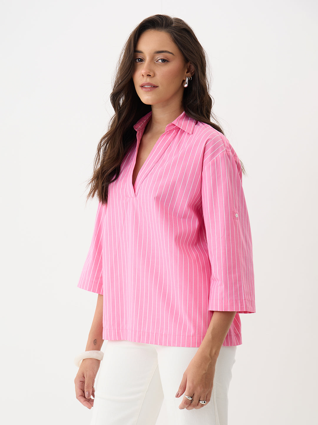 Pink Stripe Collared Oversized Top