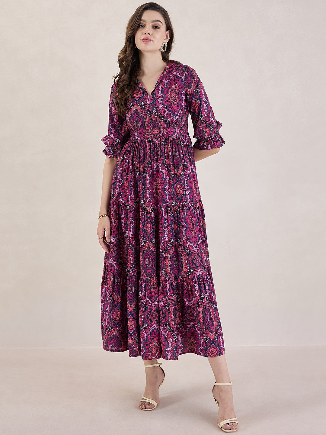 Pink Tile Printed Tiered Maxi Dress