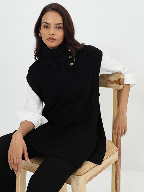 Black Lurex Turtle Neck Sweater Vest