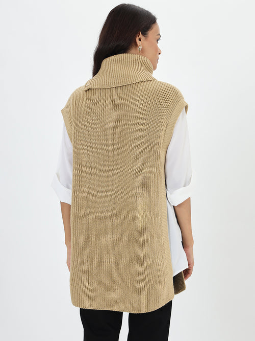 Beige Lurex Turtle Neck Sweater Vest