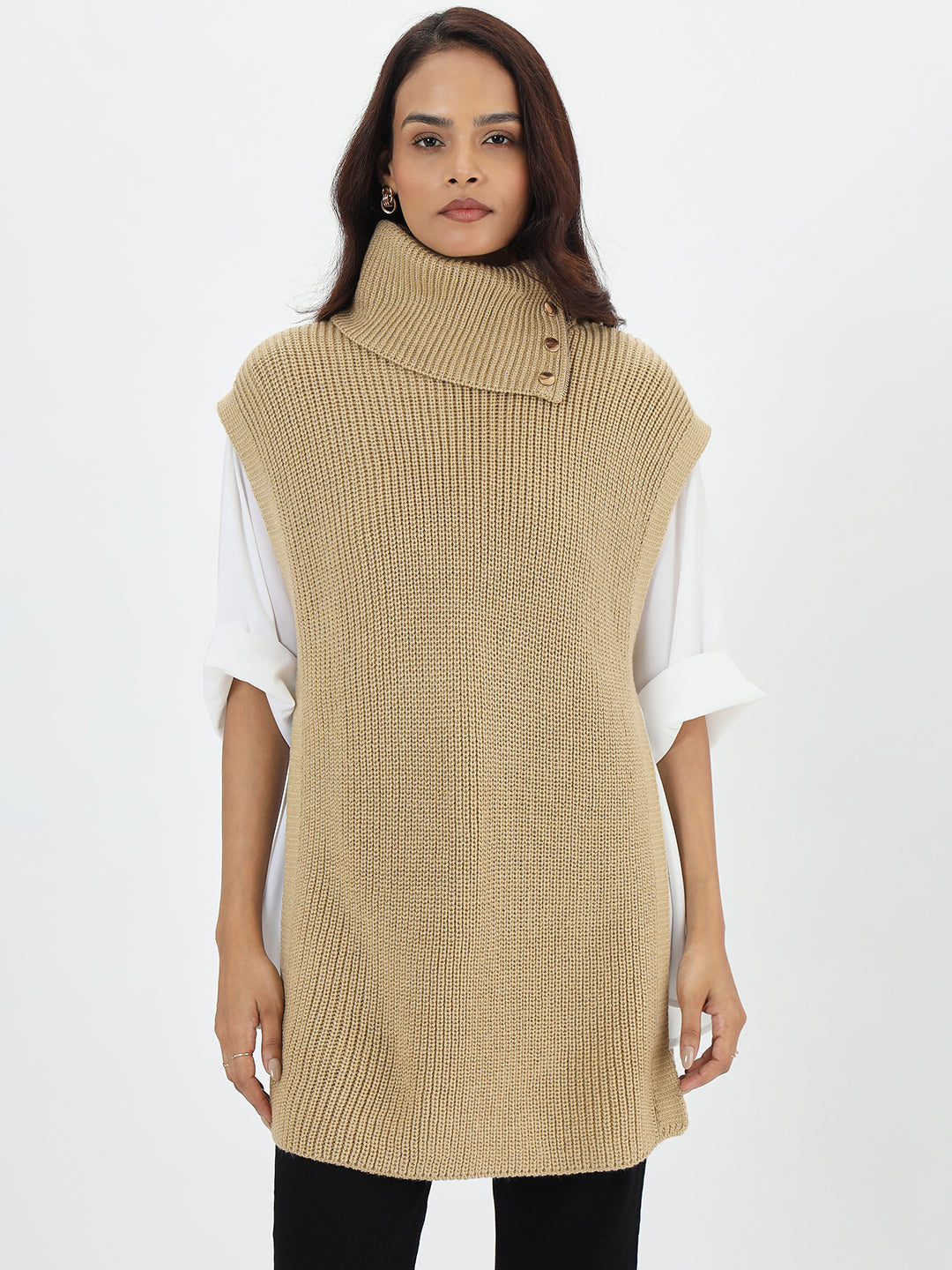 Beige Lurex Turtle Neck Sweater Vest