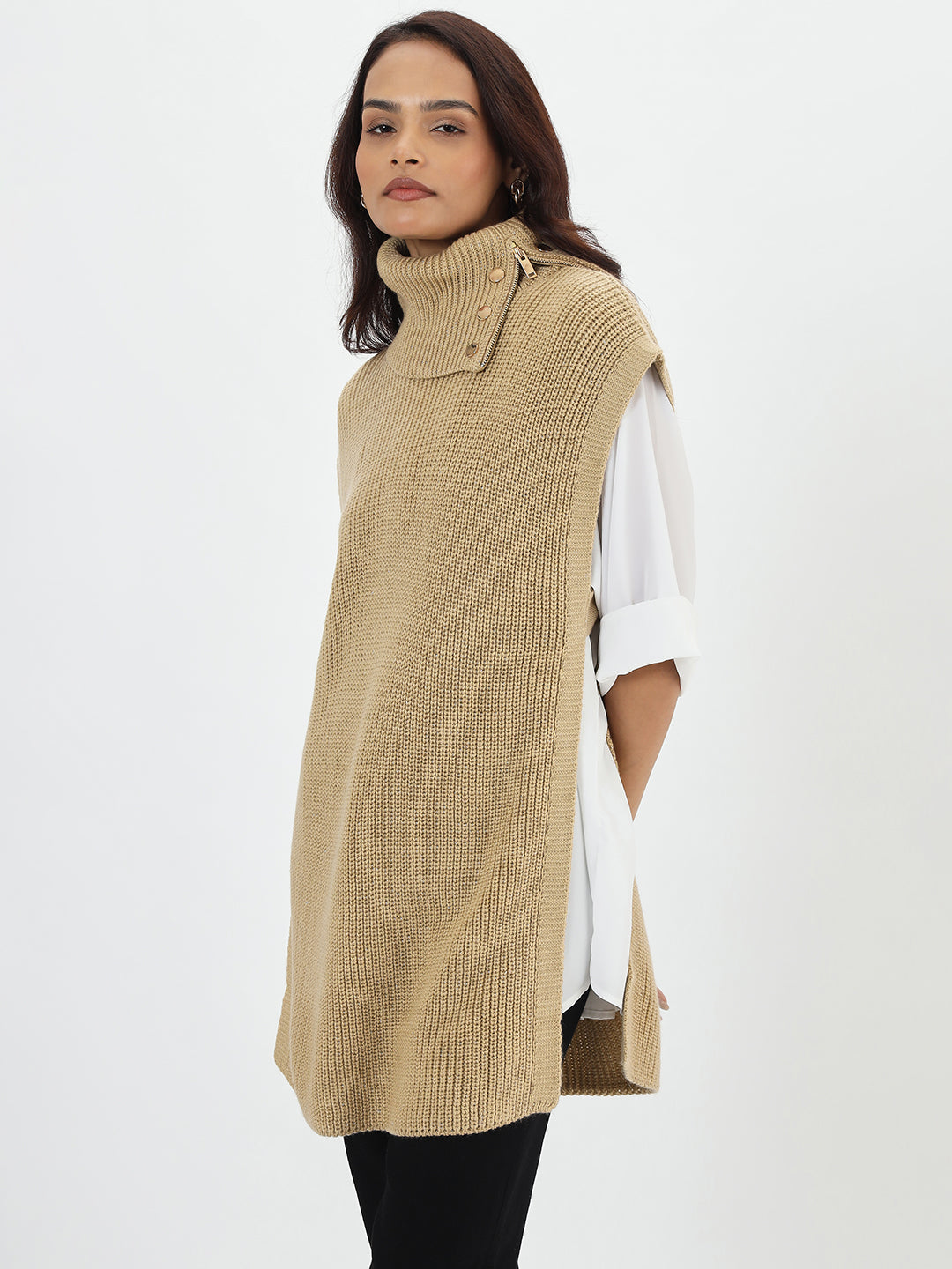 Beige Lurex Turtle Neck Sweater Vest