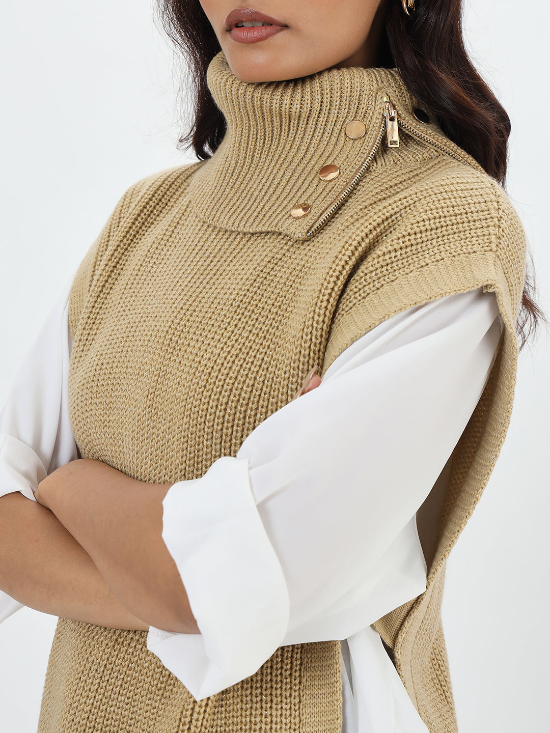Beige Lurex Turtle Neck Sweater Vest