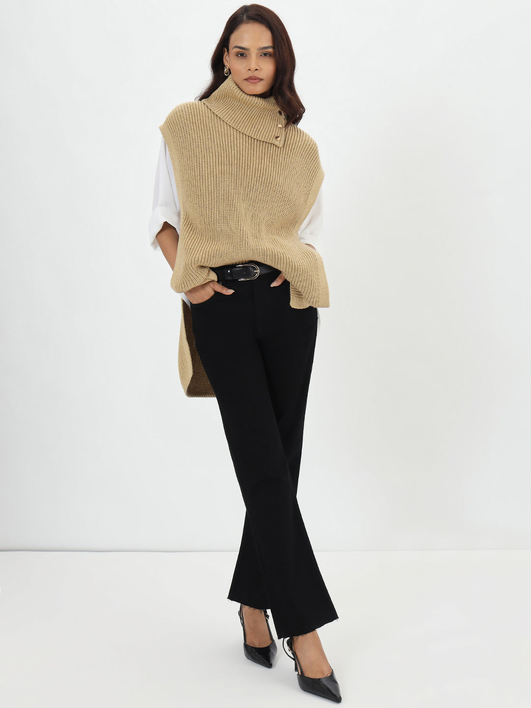 Beige Lurex Turtle Neck Sweater Vest