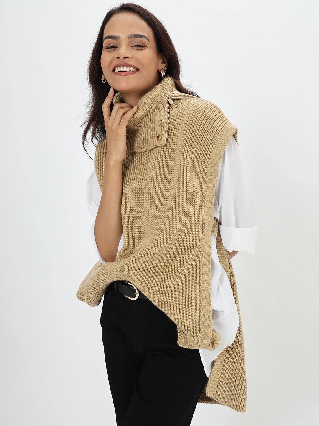 Beige Lurex Turtle Neck Sweater Vest