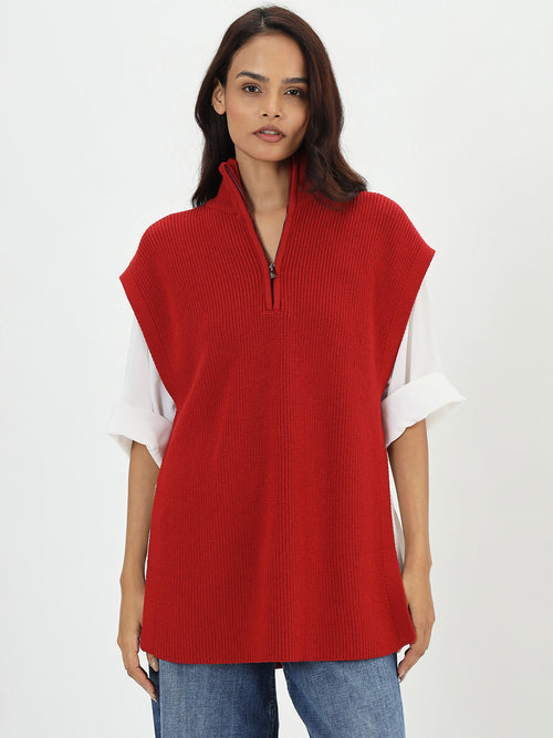 Deep Red Half Zipper Sweater Vest