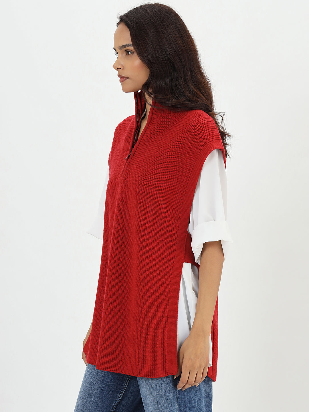 Deep Red Half Zipper Sweater Vest
