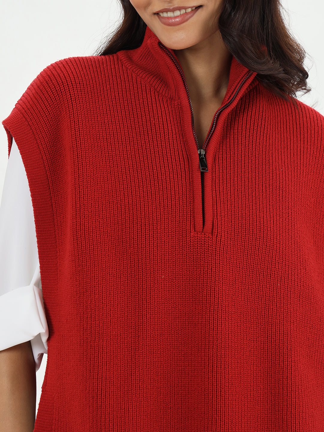 Deep Red Half Zipper Sweater Vest