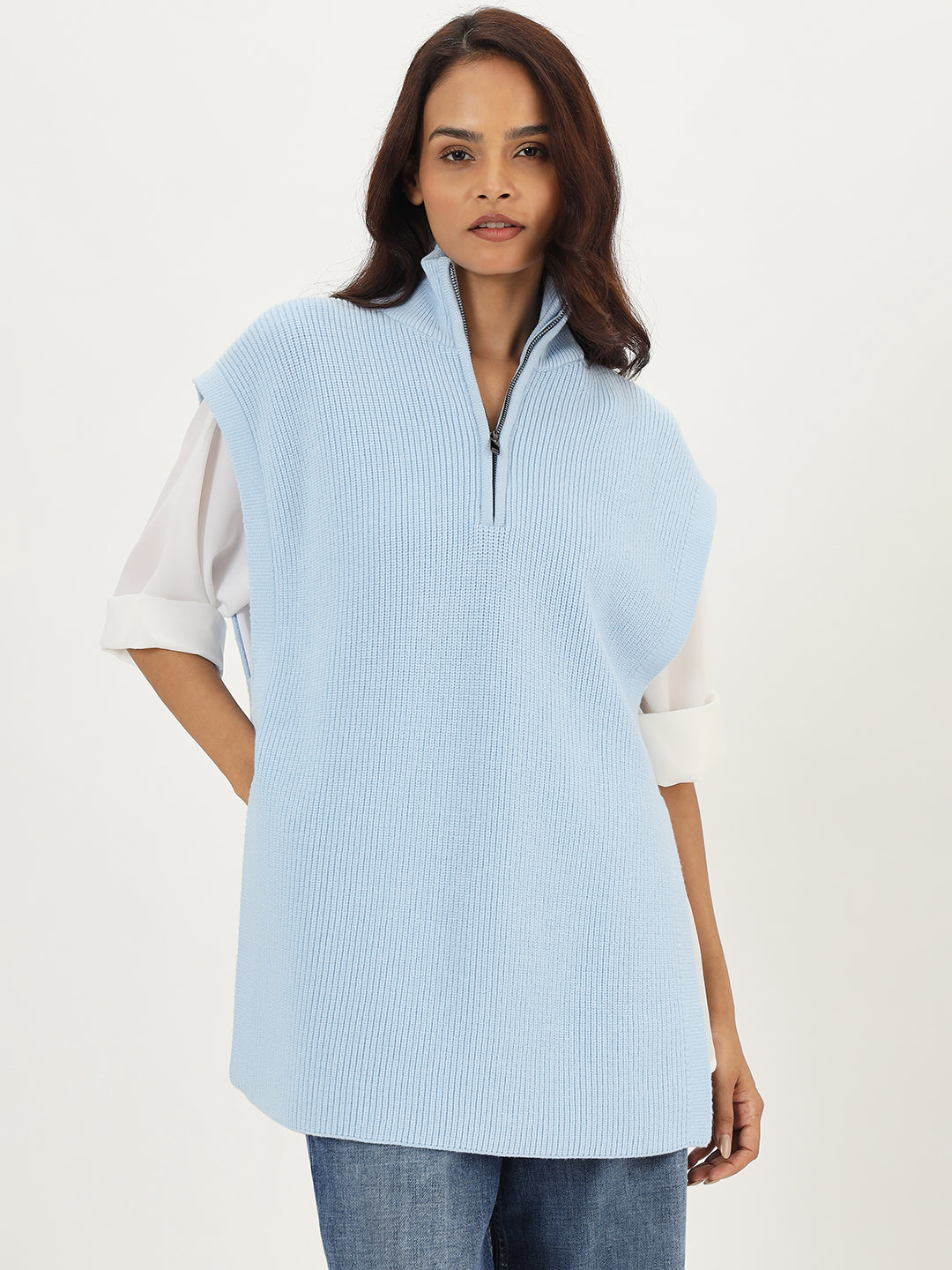 Light Blue Half Zipper Sweater Vest