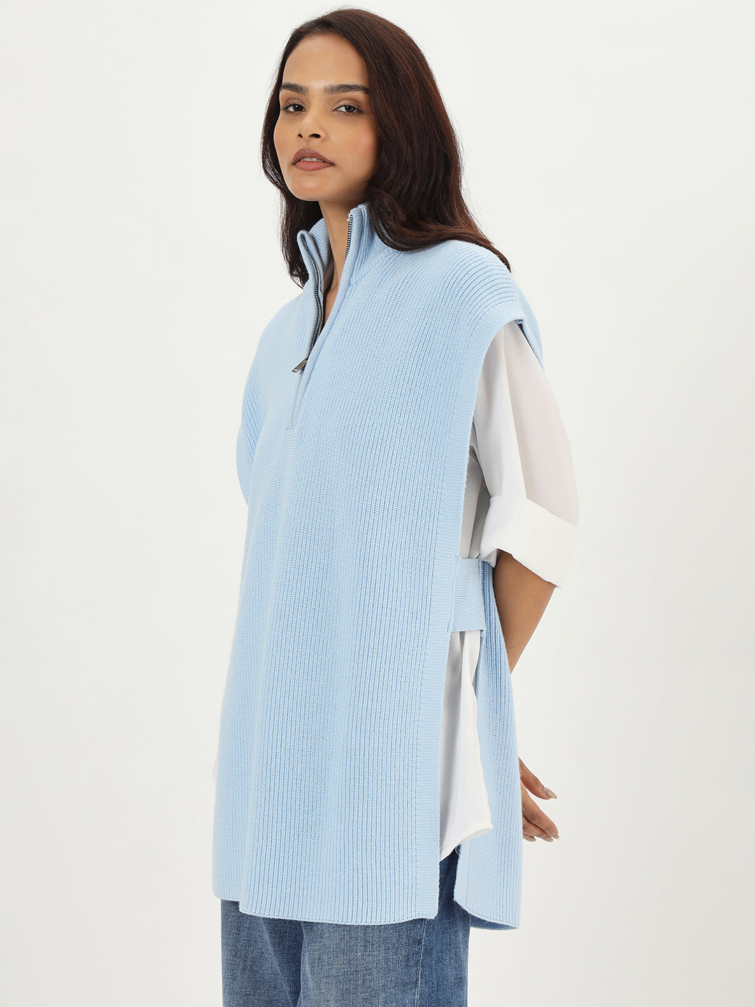 Light Blue Half Zipper Sweater Vest