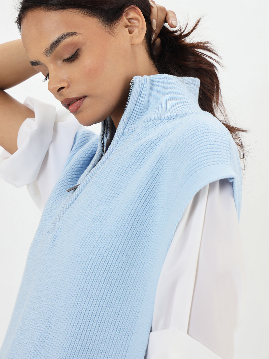 Light Blue Half Zipper Sweater Vest