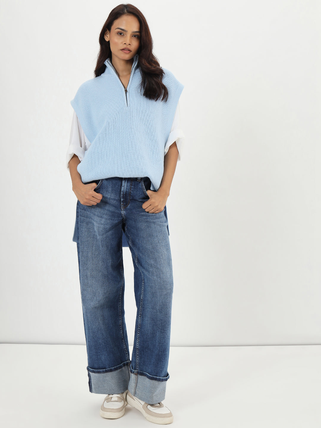 Light Blue Half Zipper Sweater Vest