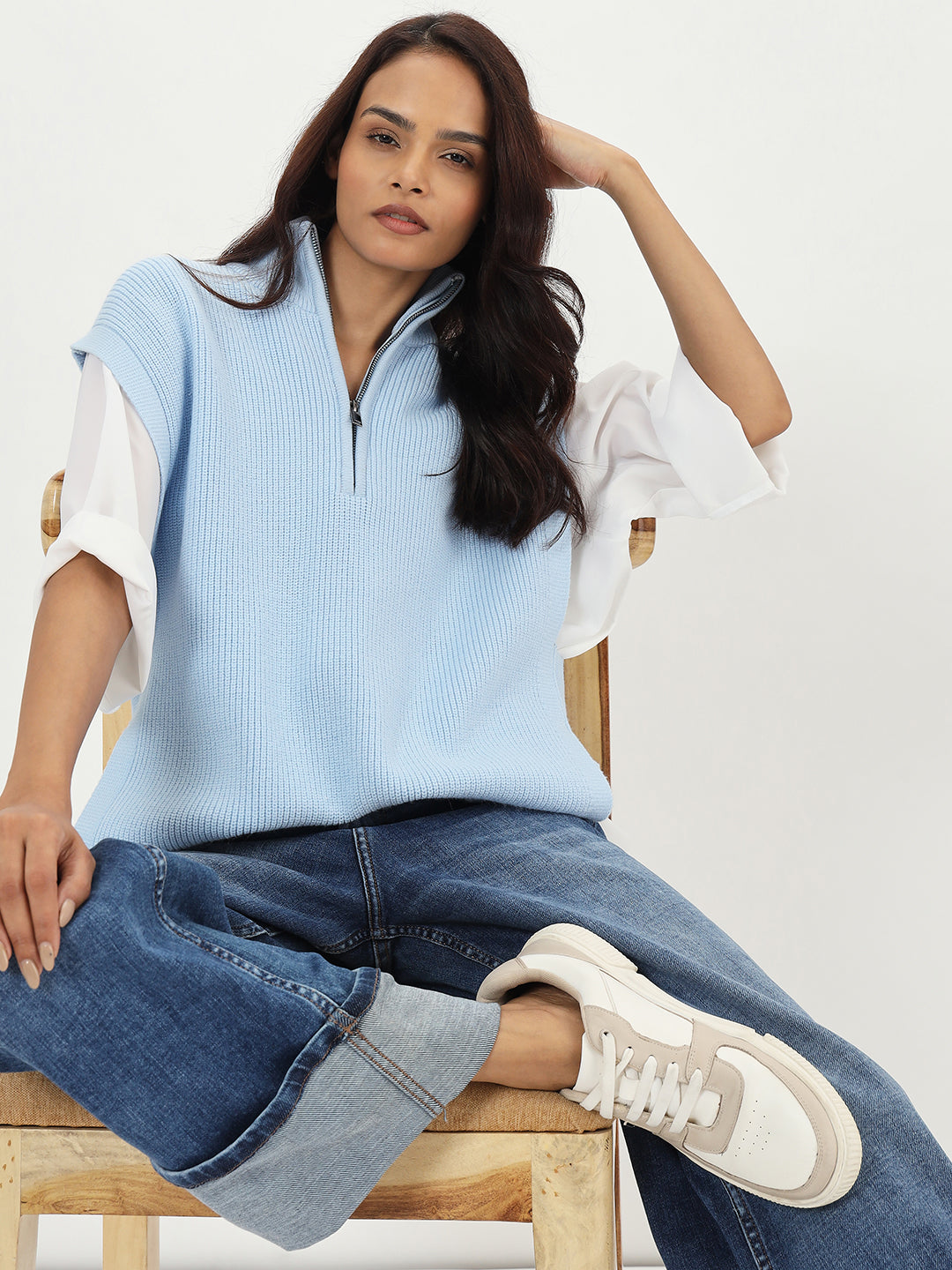 Light Blue Half Zipper Sweater Vest