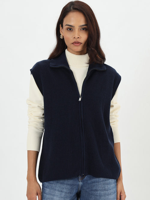 Navy Sleeveless Zipper Vest