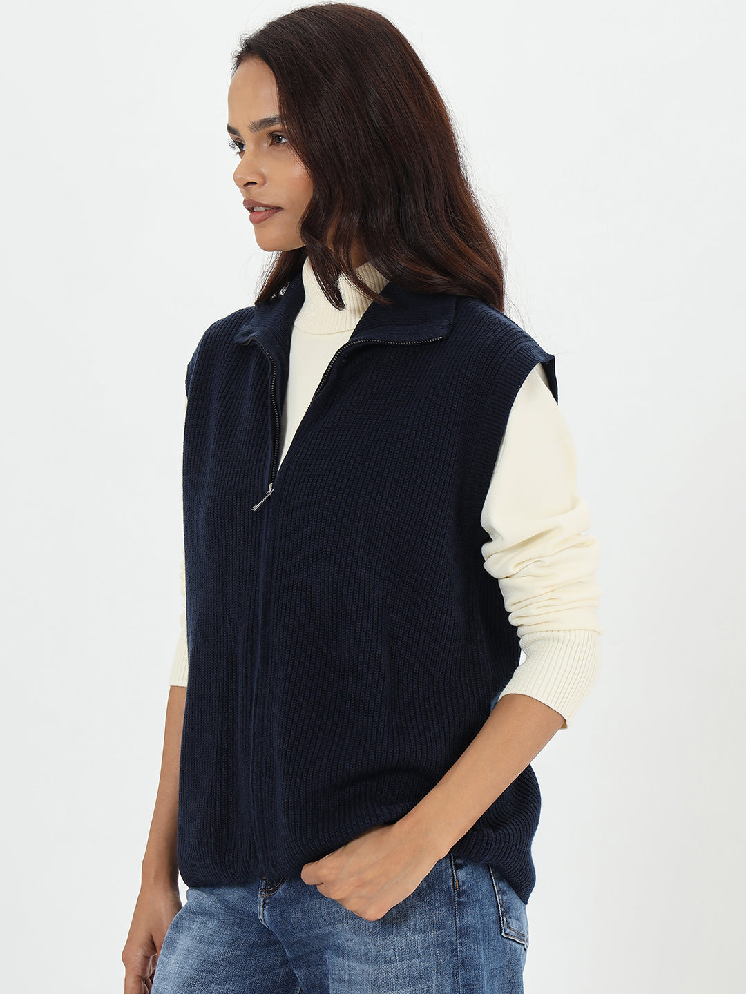 Navy Sleeveless Zipper Vest