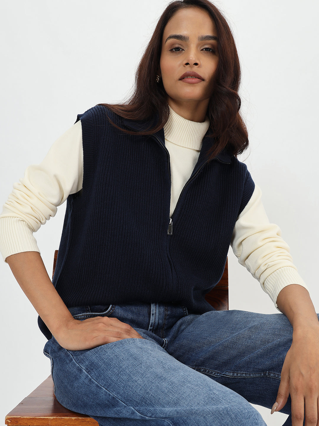 Navy Sleeveless Zipper Vest