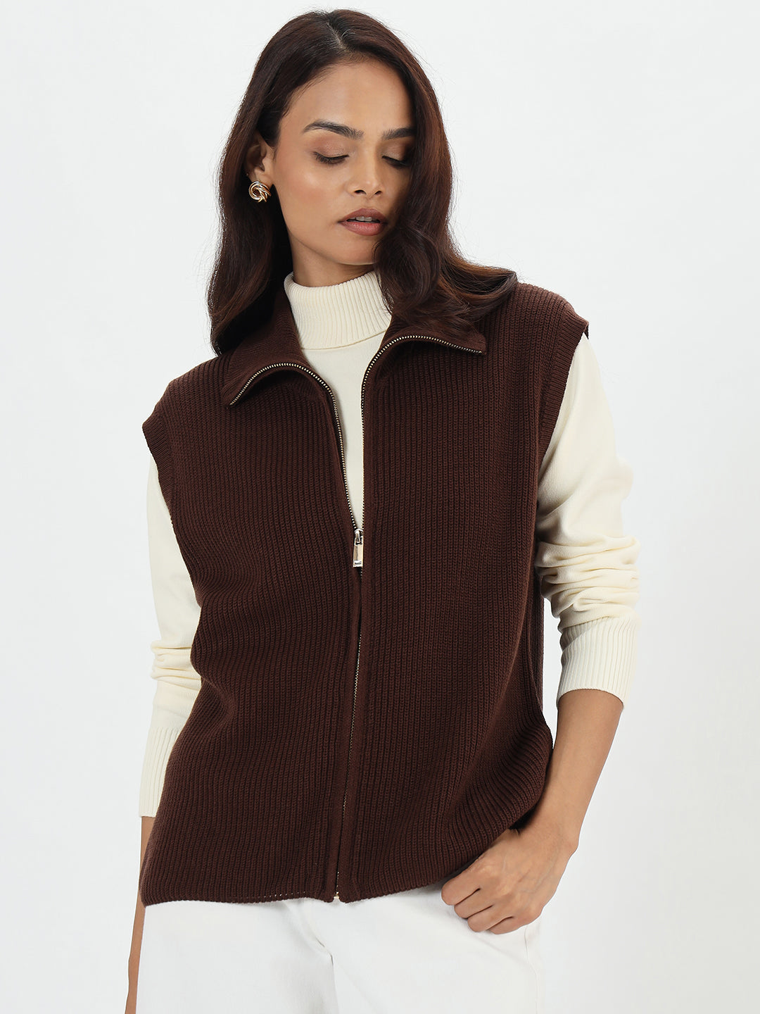 Coffee Brown Sleeveless Zipper Vest - Main Image