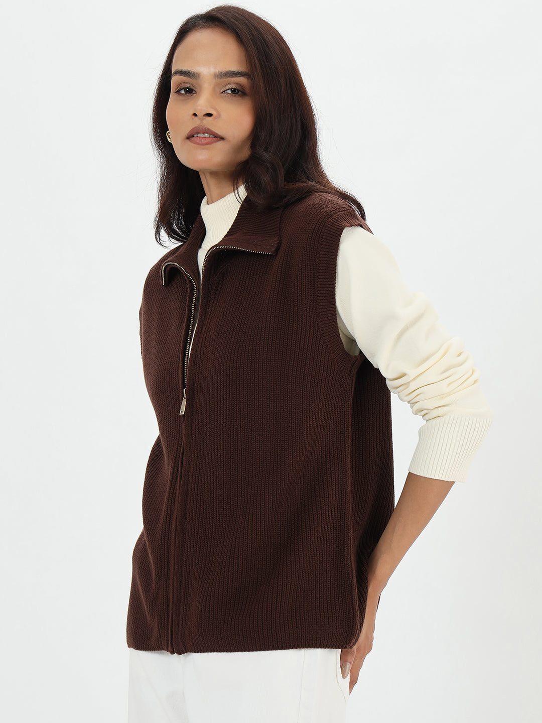 Coffee Brown Sleeveless Zipper Vest
