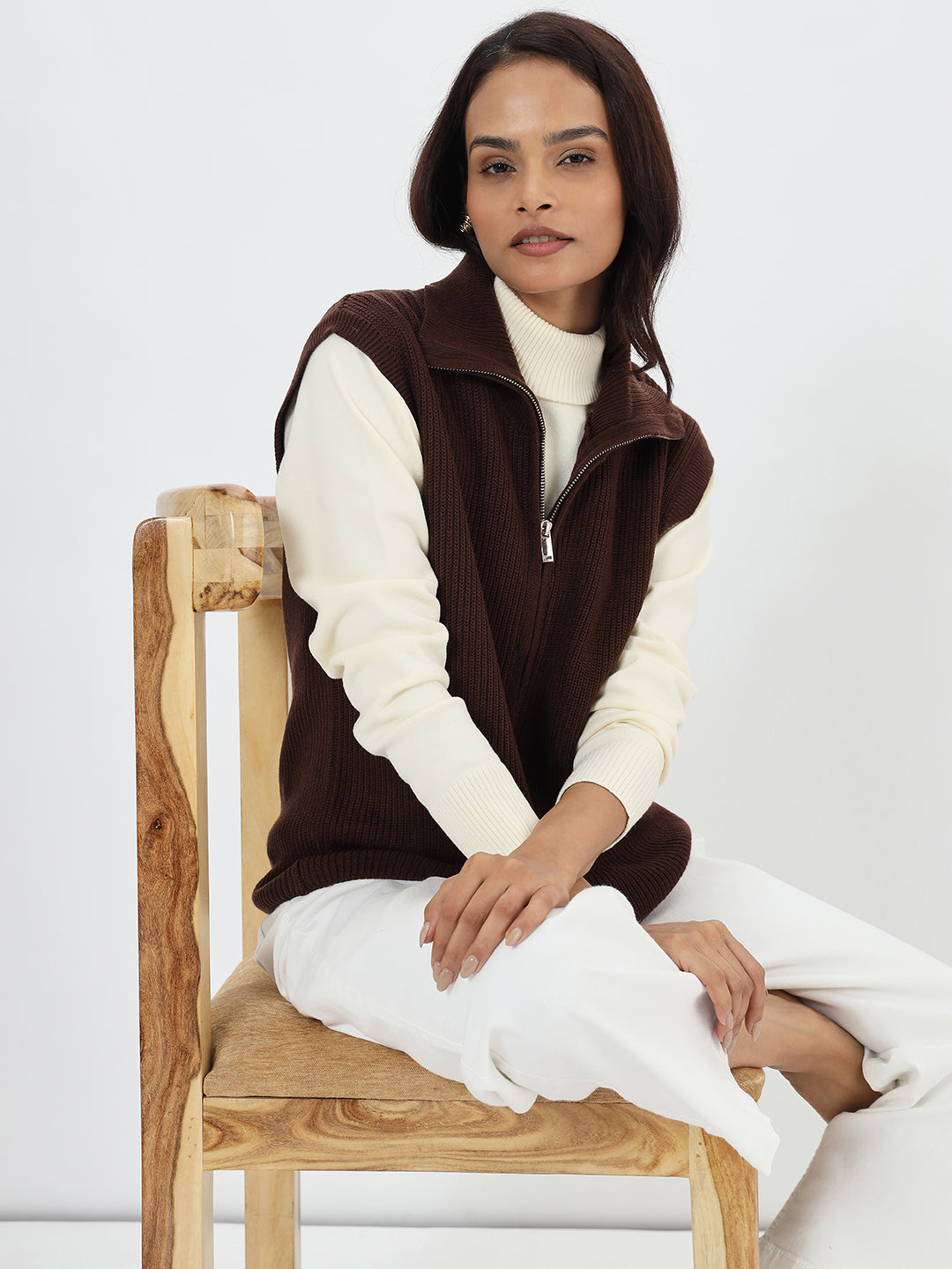 Coffee Brown Sleeveless Zipper Vest