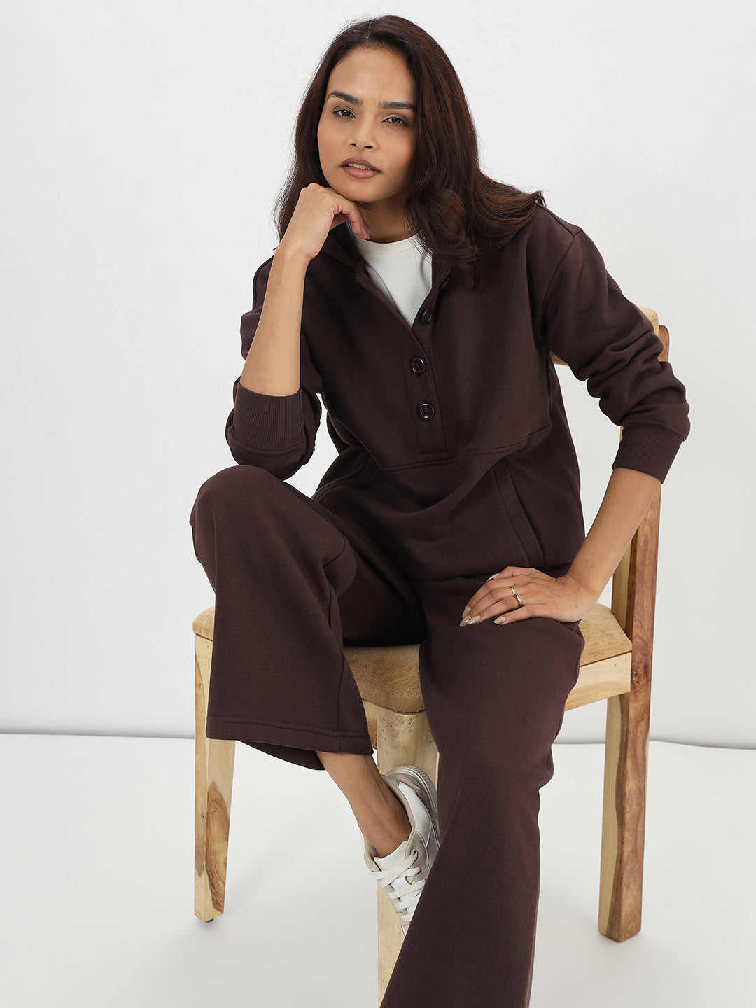 Coffee Brown Button Down Fleece Hoodie