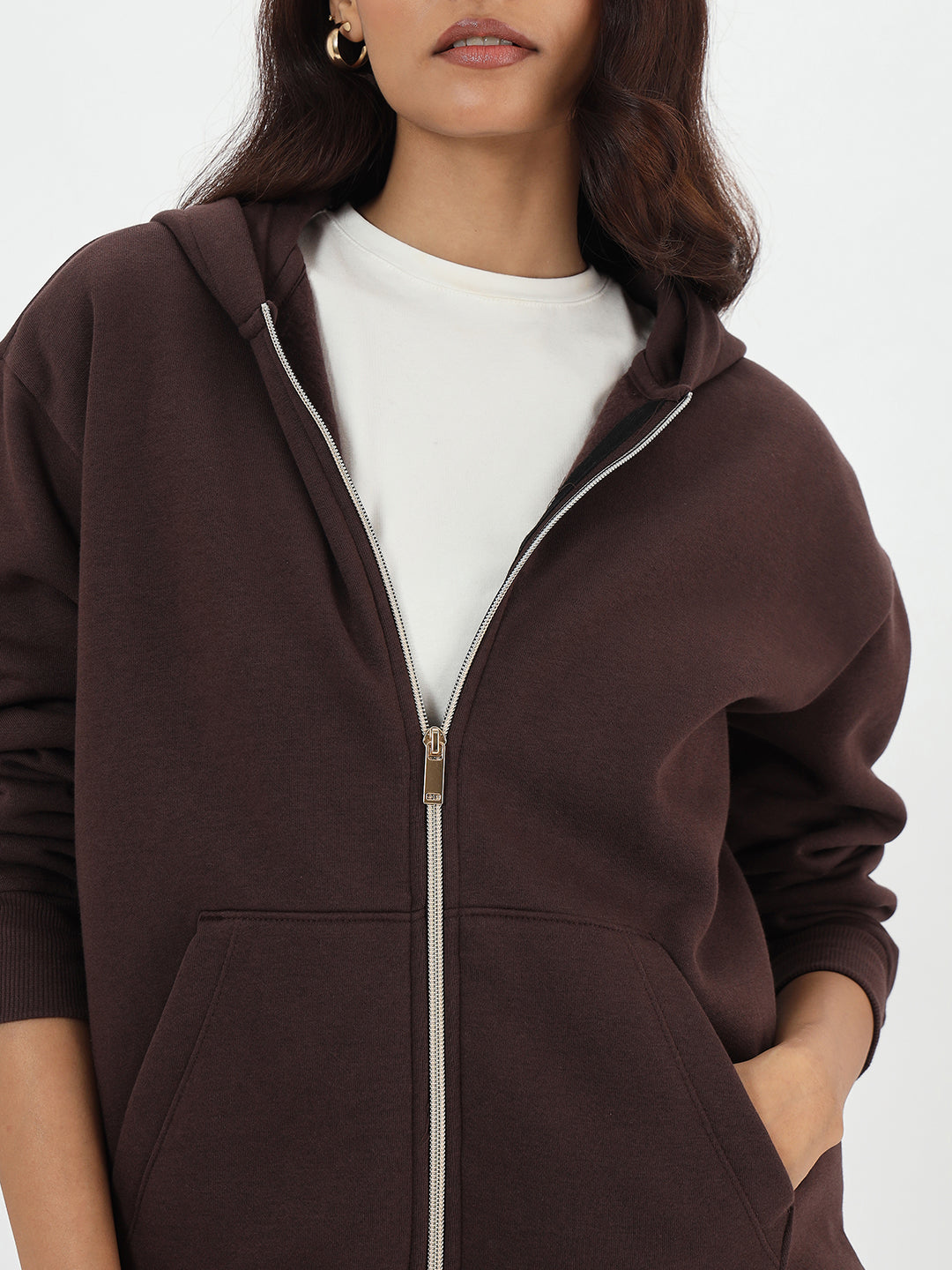 Coffee Brown Zip-Up Fleece Hoodie