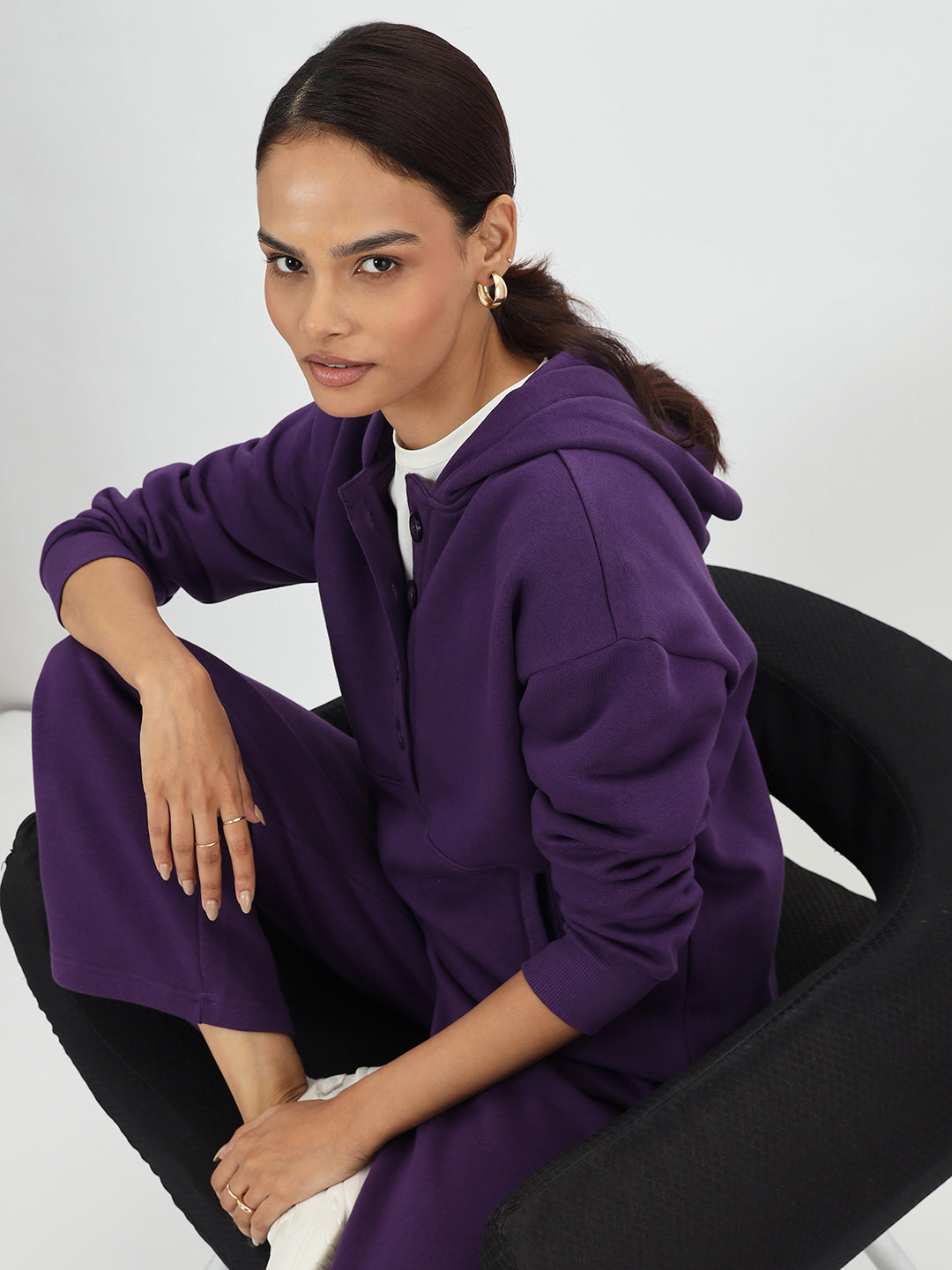 Deep Purple Button Down Fleece Hoodie