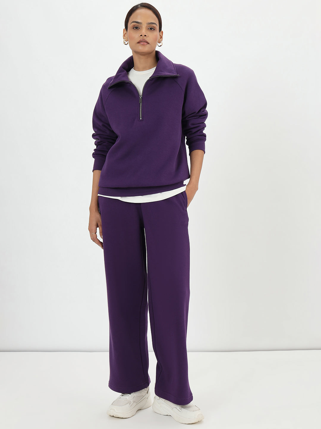 Deep Purple Half Zipper Fleece Sweatshirt