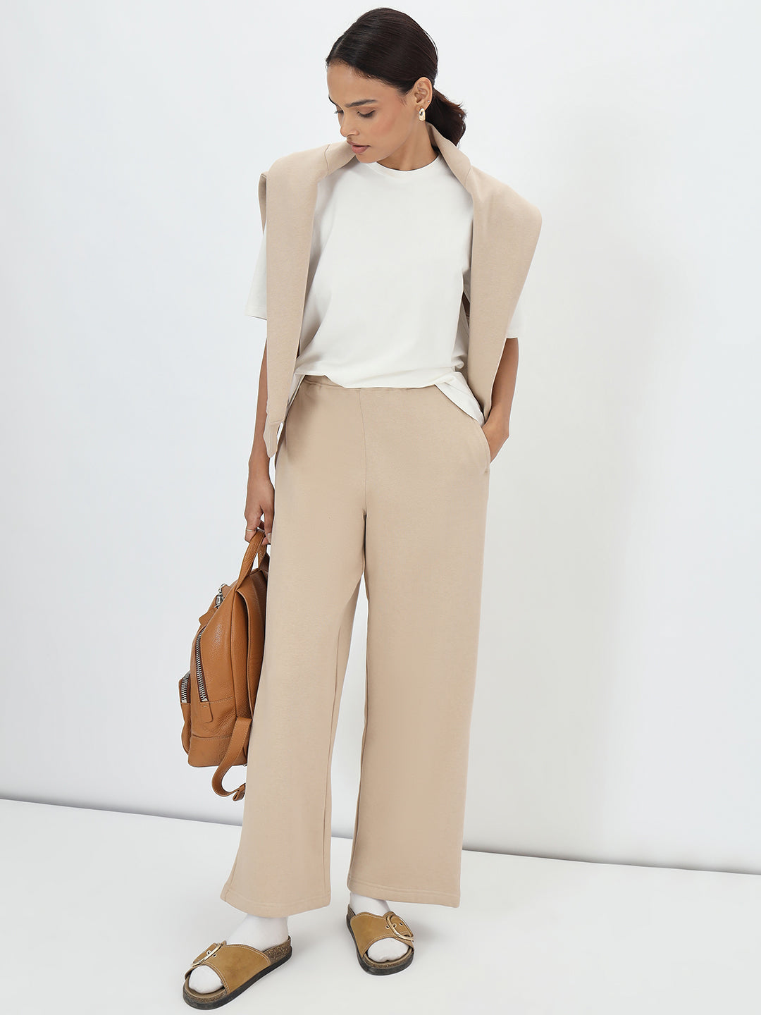 Beige Straight Fit Fleece Trackpants